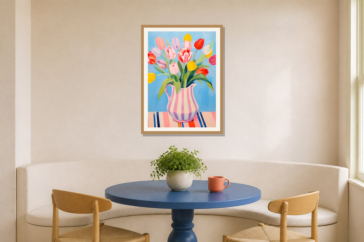 Striped Tulip Vase Print print displayed in a breakfast nook matched to its cobalt blue, sunny yellow, coral palette