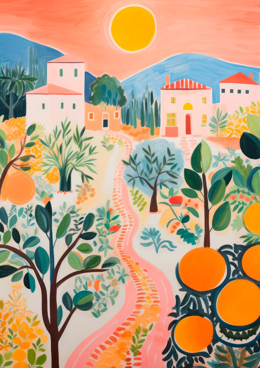 White Mediterranean buildings climb beneath a yellow sun and cobalt-blue sky