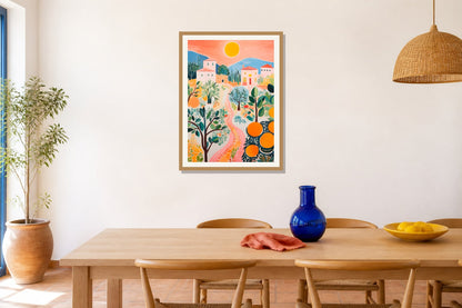 Sunlit Mediterranean Village Print print displayed in a dining room matched to its cobalt blue, sunny yellow, coral palette