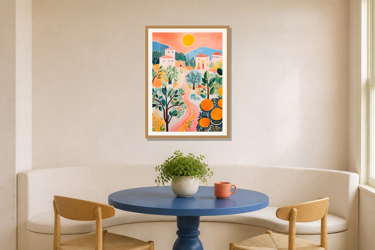 Sunlit Mediterranean Village Print print displayed in a breakfast nook matched to its cobalt blue, sunny yellow, coral palette