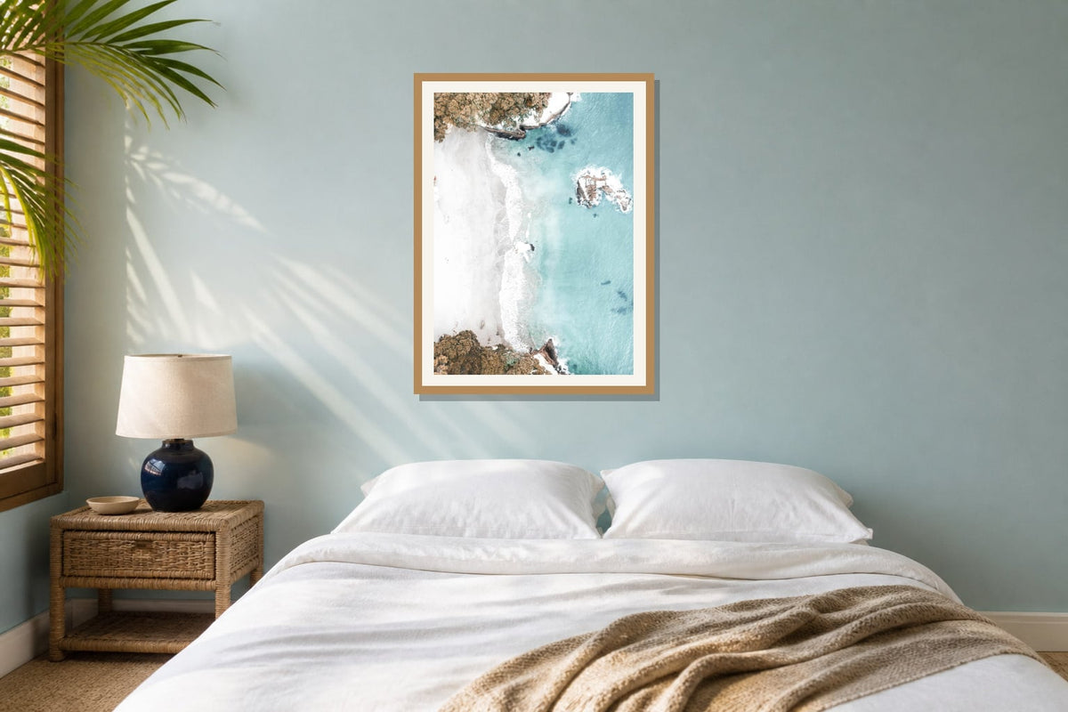 Turquoise Beach Aerial Print print displayed in a bedroom matched to its turquoise, aqua, white palette