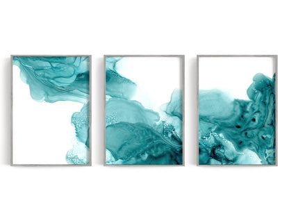 Three turquoise abstract panels with aqua, white, sand, and charcoal marks