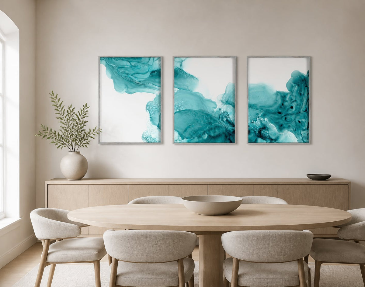 Turquoise Drift Abstract Trio displayed in a palette-matched dining room