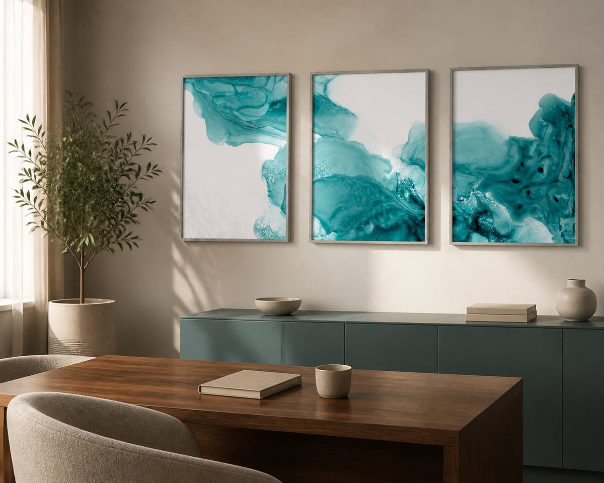 Turquoise Drift Abstract Trio displayed in a palette-matched home office