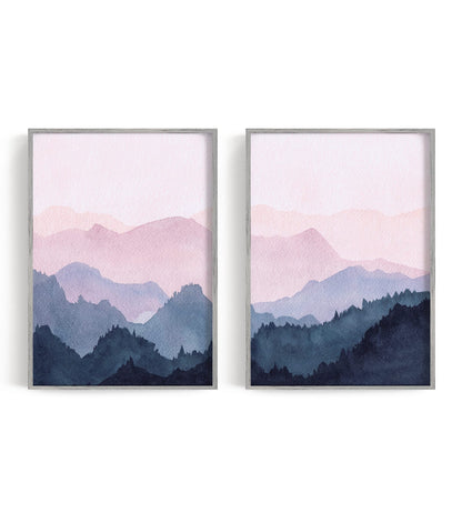 Two blush, lilac, and navy mountain ridge prints displayed together