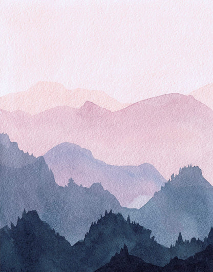 Layered mountain ridges in blush, lilac, and deep navy