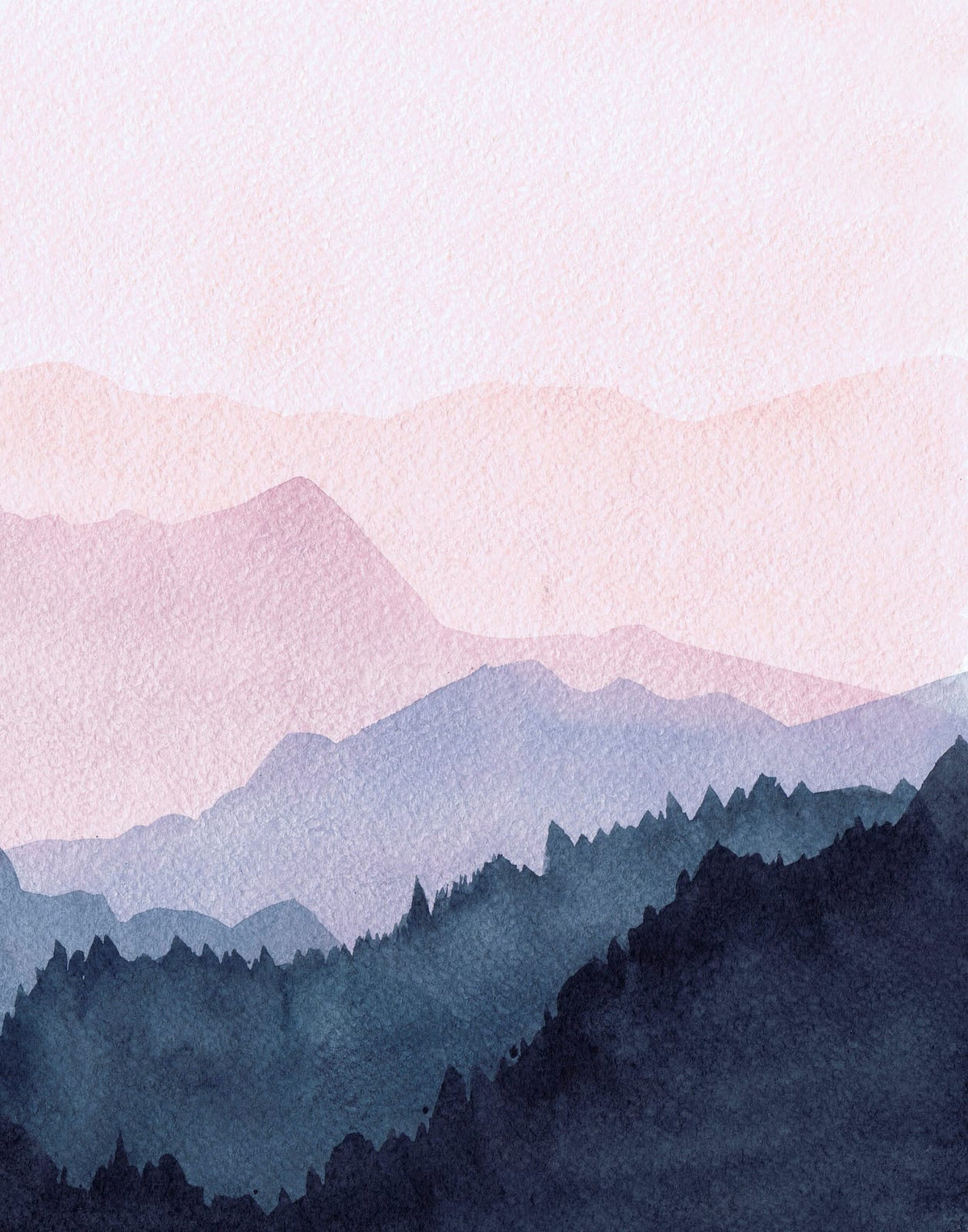Watercolor-style blue-gray mountains with a dark foreground ridge