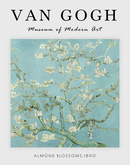 Van Gogh Almond Blossoms poster with white flowers on a pale blue ground