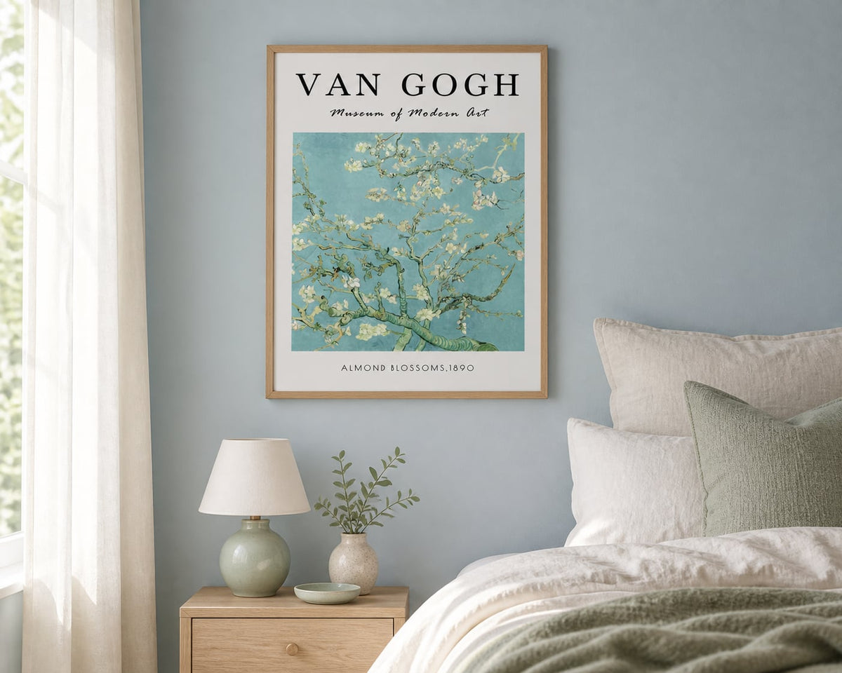 Van Gogh Almond Blossom Print in a pale blue bedroom with sage and light oak accents