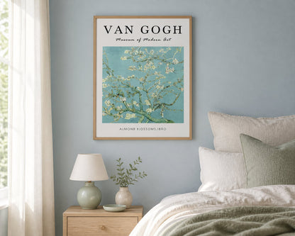 Van Gogh Almond Blossom Print in a pale blue bedroom with sage and light oak accents