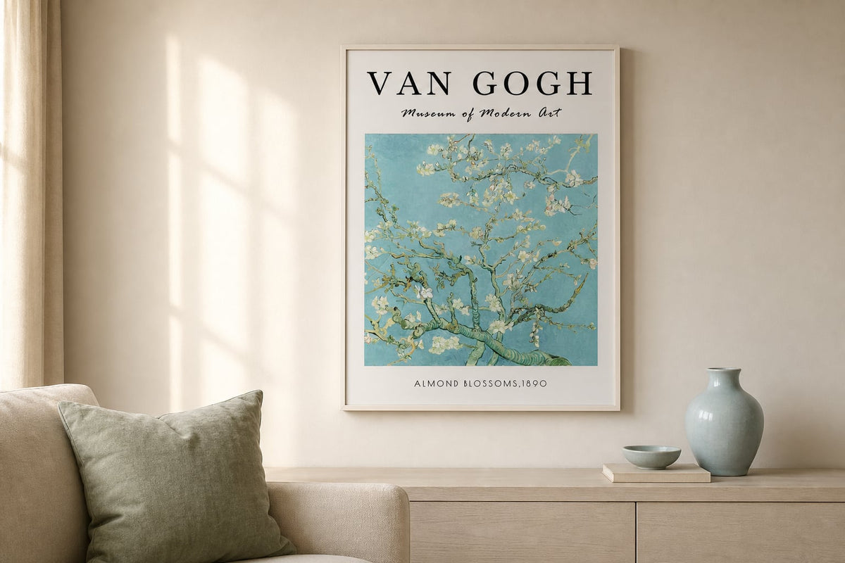 Van Gogh Almond Blossom Print in a warm cream living room with sage and pale blue accents