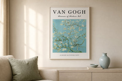 Van Gogh Almond Blossom Print in a warm cream living room with sage and pale blue accents