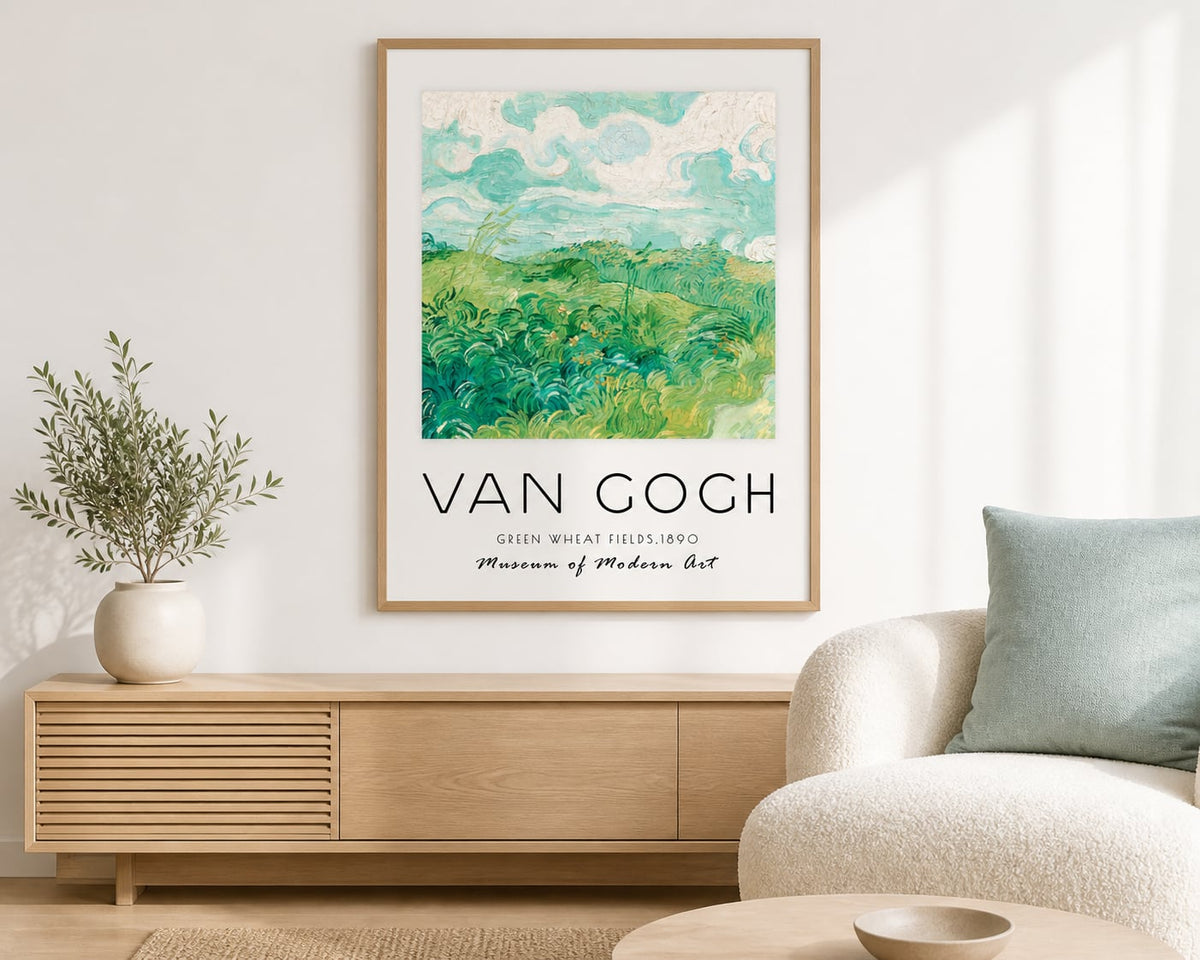 Van Gogh Green Fields Print in a bright living room with pale oak and sea glass accents