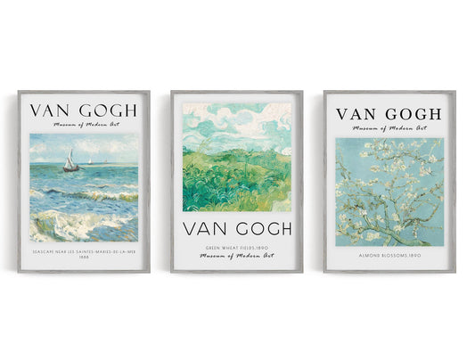 Van Gogh poster trio with green fields, almond blossoms, and a blue seascape