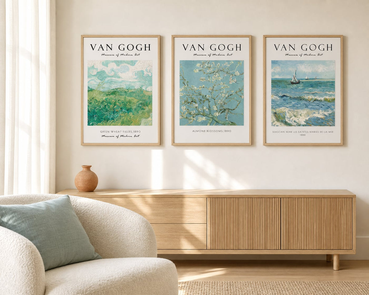 Van Gogh Sea and Garden Trio in a bright living room with pale oak and sea-glass blue accents