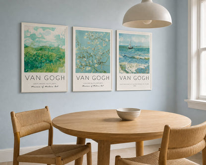 Van Gogh Sea and Garden Trio in a pale blue dining nook with light oak furniture