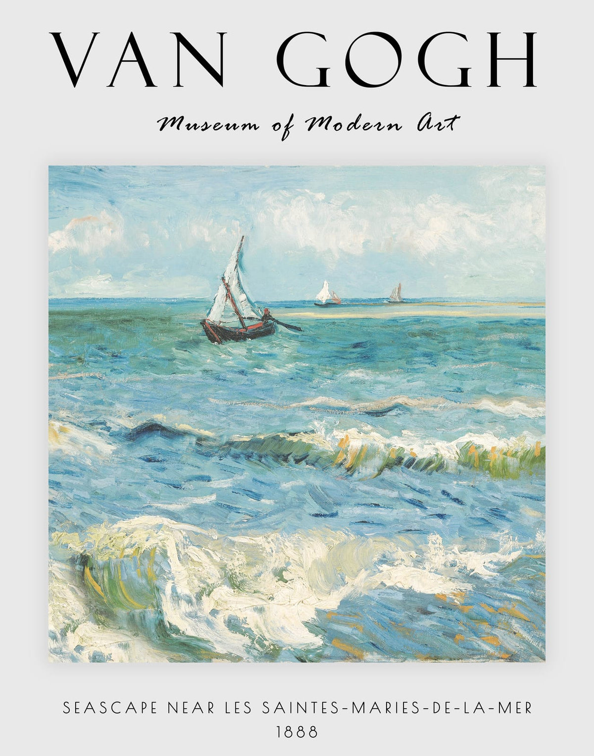 Van Gogh seascape poster with rolling blue waves, white foam, and small sailboats