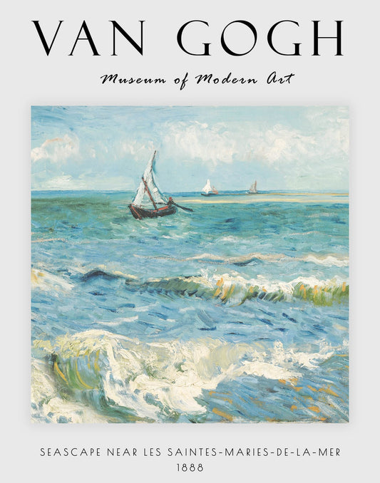 Van Gogh seascape poster with rolling blue waves, white foam, and small sailboats