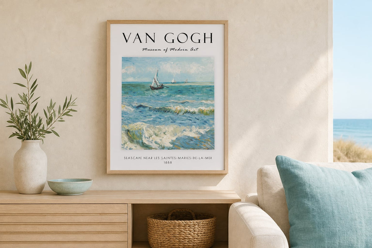 Van Gogh Seascape Print in a sand toned living room with pale oak and turquoise accents