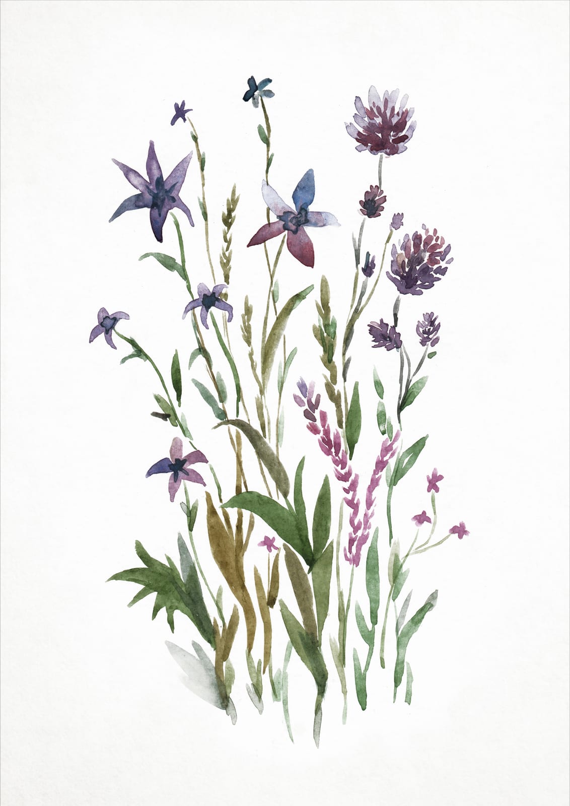 Violet, dusty pink, and muted green wildflowers form a loose vertical watercolor study