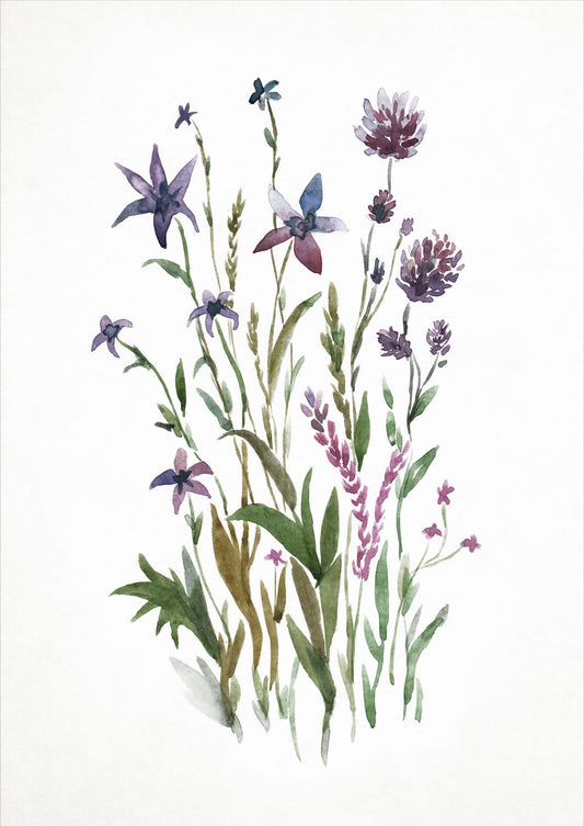 Violet, dusty pink, and muted green wildflowers form a loose vertical watercolor study