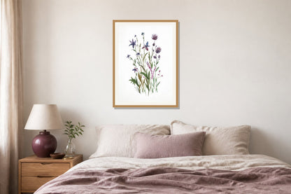 Violet Wildflower Watercolor Print print displayed in a bedroom matched to its plum, dusty pink, muted green palette