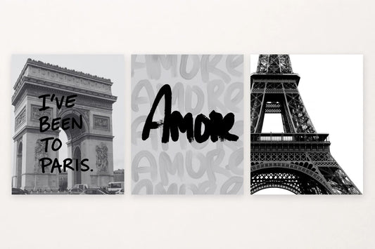 Three Paris-themed prints show the Arc de Triomphe, AMOUR lettering, and the Eiffel Tower in black and white.