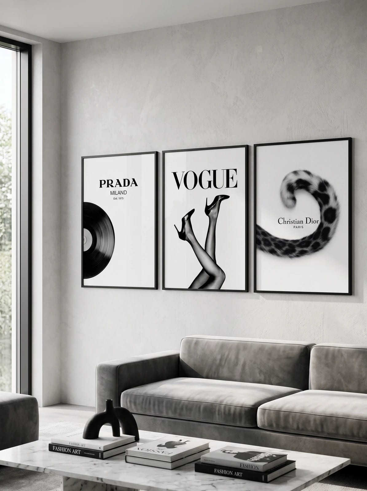 Three music and fashion details grouped as a wall-art set in a room; frames are not included.