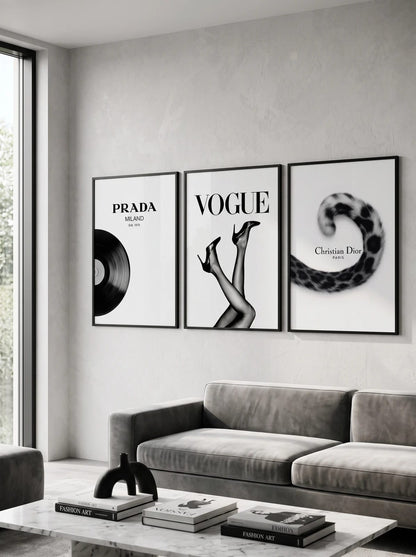 Three music and fashion details grouped as a wall-art set in a room; frames are not included.