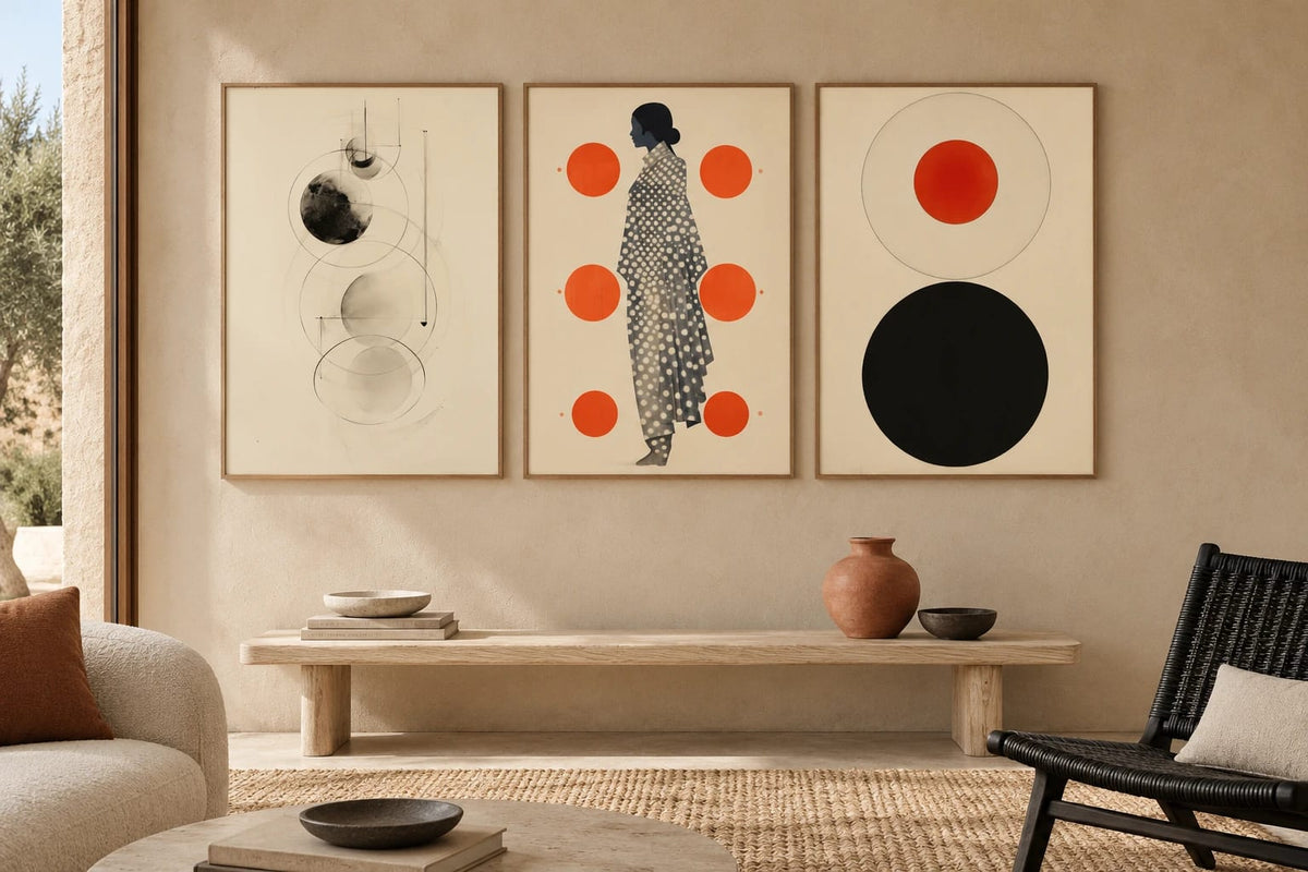 Three circle and profile prints hang above a light wood bench on a beige wall.
