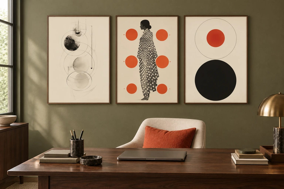 Three geometric prints hang above a wood desk against an olive wall.