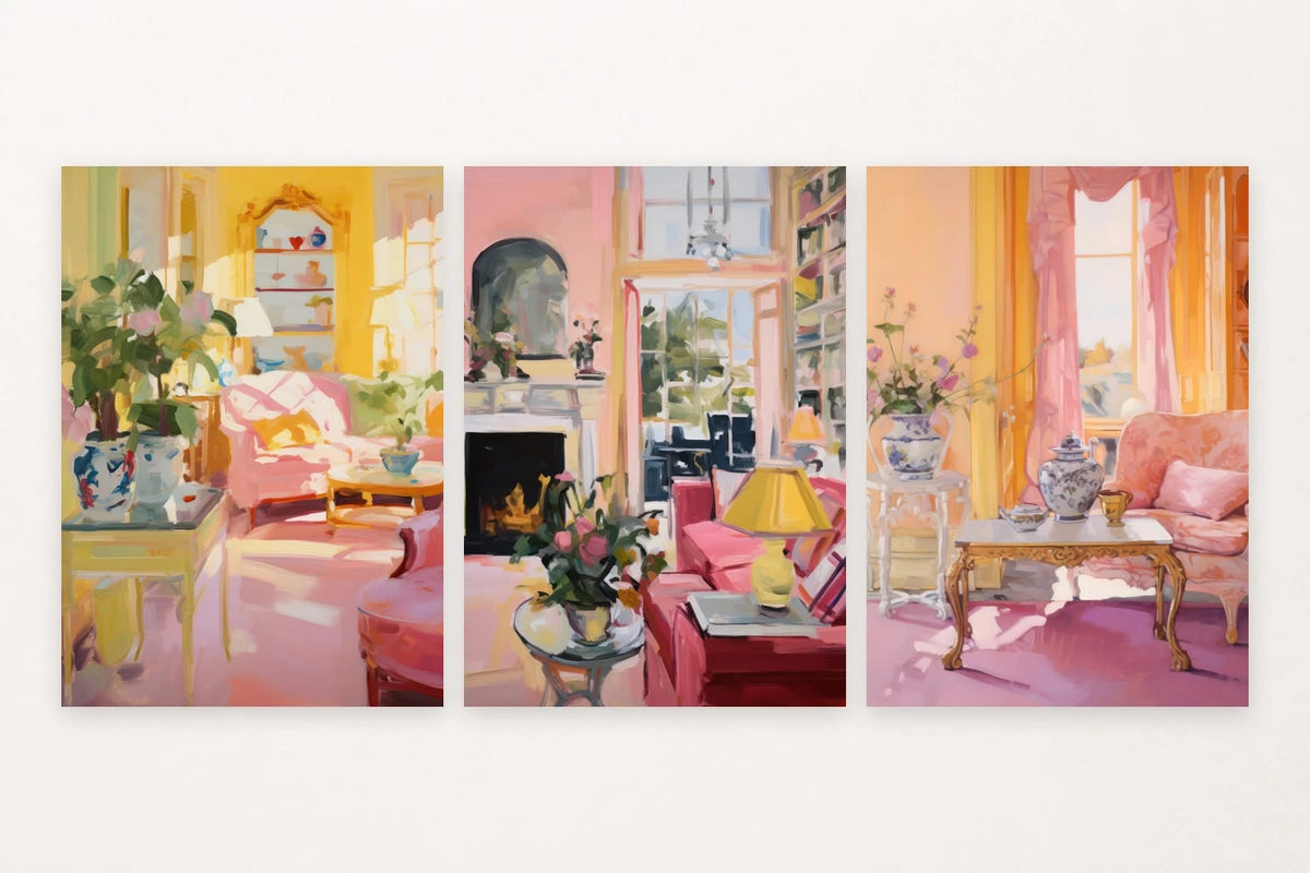 Three illustrated interiors turn pink, yellow, and gold into the subject.