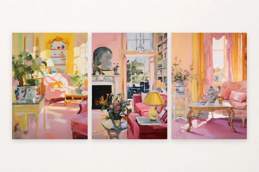 Three illustrated interiors turn pink, yellow, and gold into the subject.