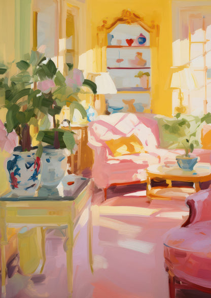 A pink-and-yellow room fills the first interior scene.