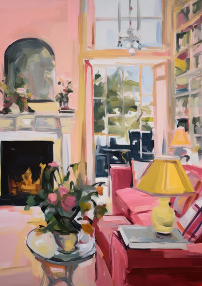 Flowers decorate a pink fireplace in the second print.