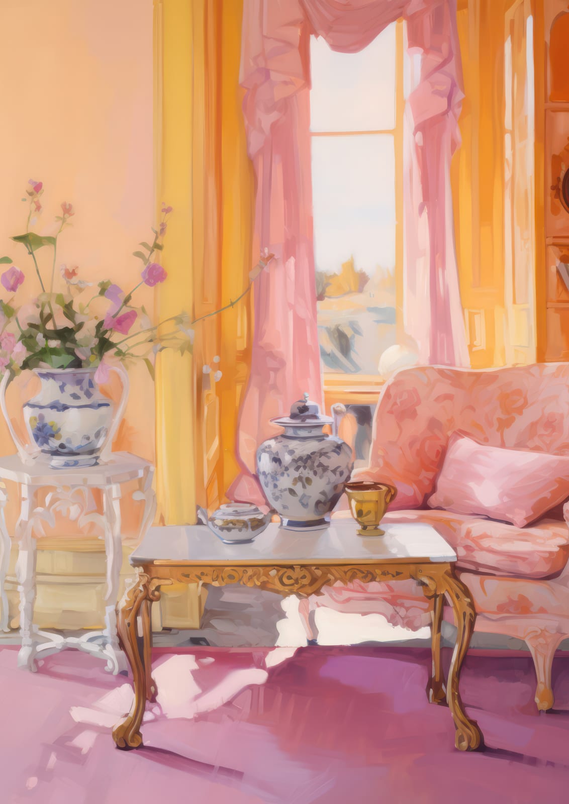 A gold-and-pink room includes a small table and teapot.