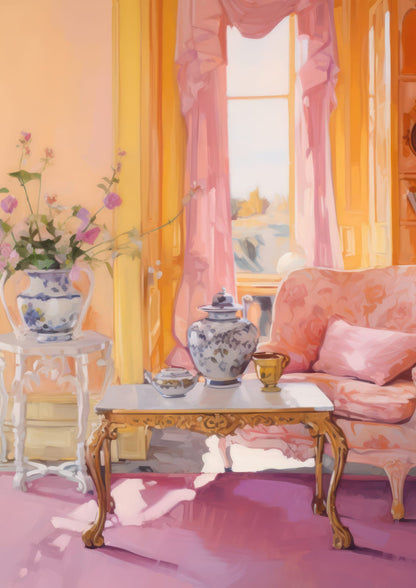 A gold-and-pink room includes a small table and teapot.