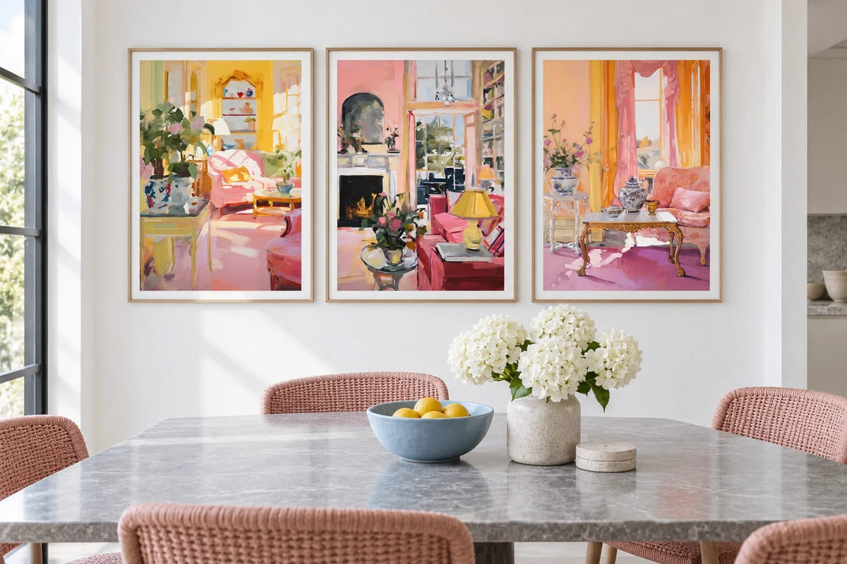 Three pink interior scenes hang in a bright dining area with a stone table and pink chairs.