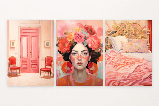 Coral doors and a flower-crowned portrait lead into a pink bedroom scene.
