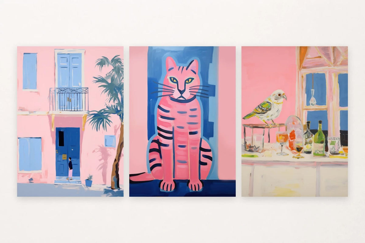A pink facade, wide-eyed cat, and small bird make a lively illustrated trio.