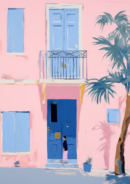 A pink facade has blue shutters.