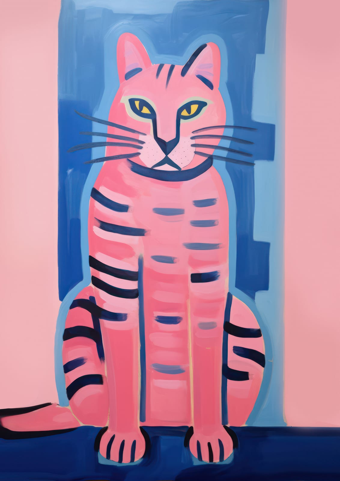 A pink striped cat has bright yellow eyes.