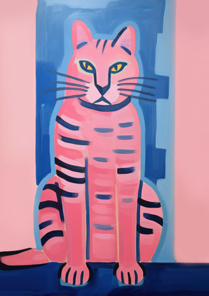 A pink striped cat has bright yellow eyes.