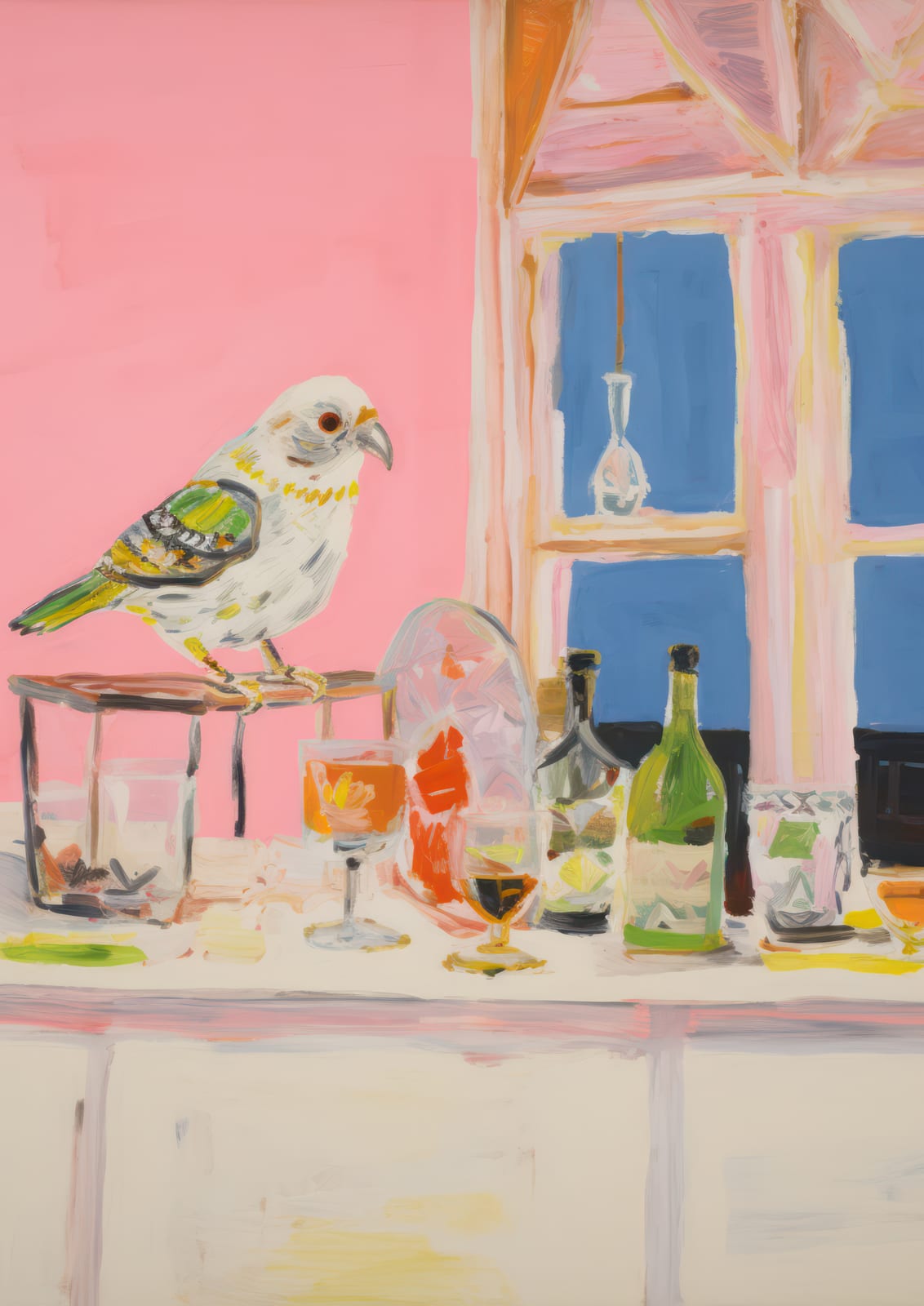 A small bird appears above glasses beside a blue window.