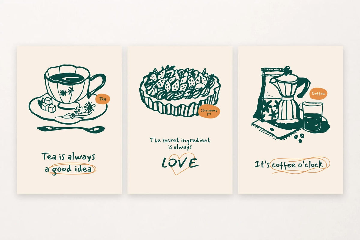 Green outline drawings pair a tea cup, strawberry pie, and coffee pot with short English phrases.
