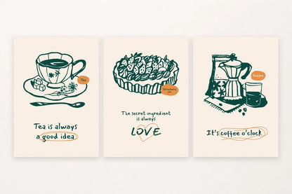 Green outline drawings pair a tea cup, strawberry pie, and coffee pot with short English phrases.