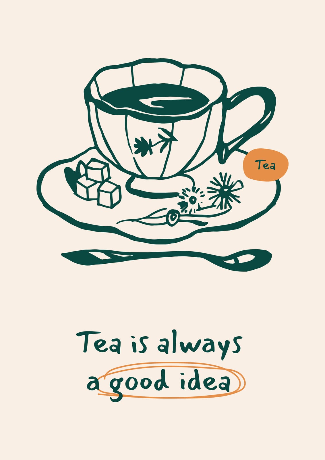 A tea cup is paired with an English phrase.
