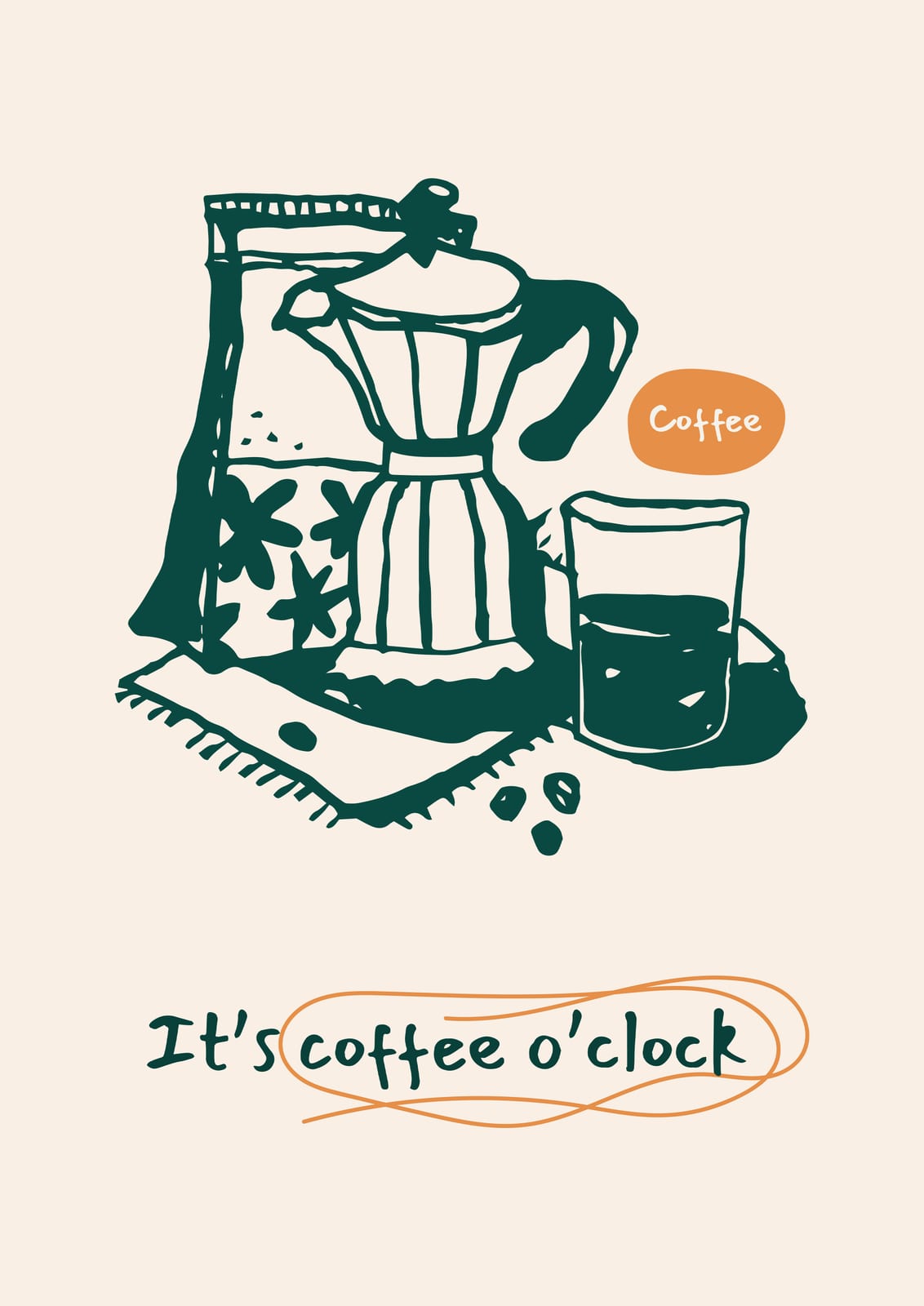 A coffee pot and glass appear beside another English phrase.