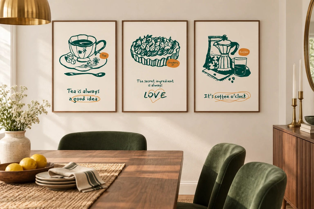 Three prints of tea, pie, and coffee sit in a calm dining room with green chairs.