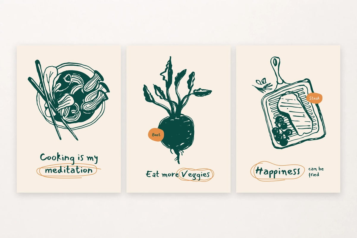 A bowl with chopsticks, beet, and steak in a pan make a savory trio of green kitchen illustrations.